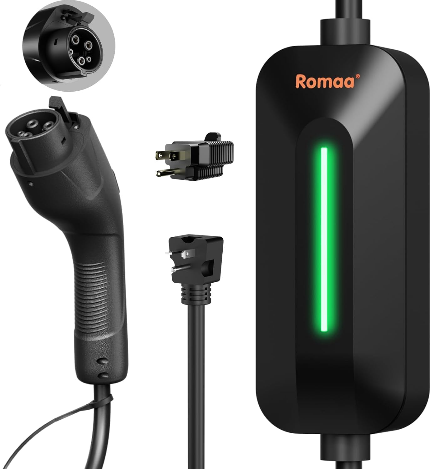 Romaa Portable EV Charger Level 1 and 2, 16A 3.8 kW J1772 Plug in Charger, 110V-240V, NEMA 6-20, 25ft Charging Cord, PHEV Chargi