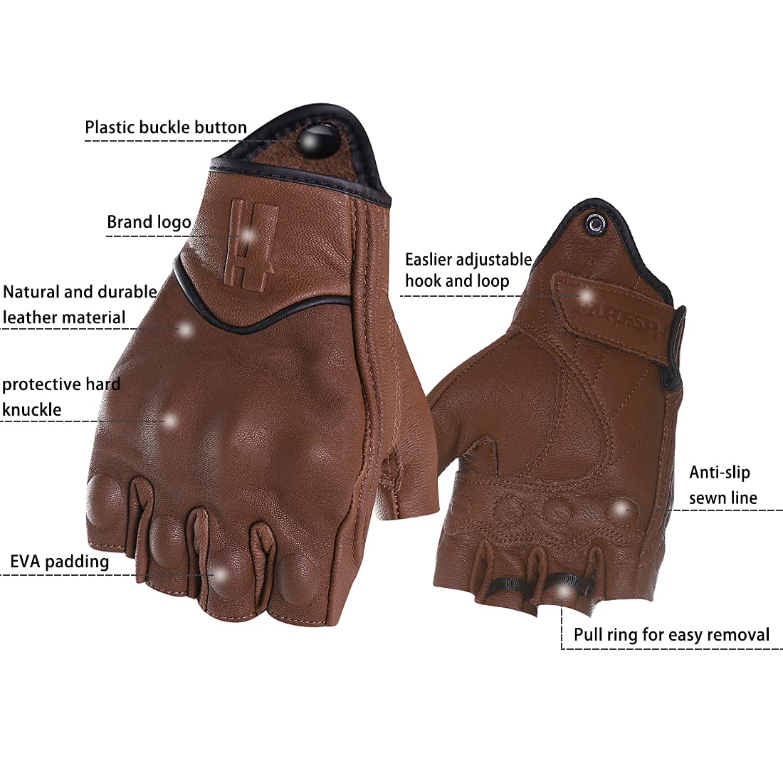 Harssidanzar Fingerless Motorcycle Gloves,For Mens Leather Riding Driving Gloves With Hand Knuckle Gm037,Saddle,Size,M