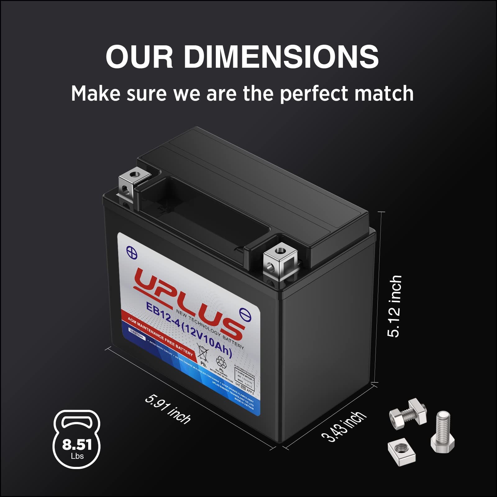 UPLUS Motorcycle Battery YTX12-BS, AGM Maintenance Free, Model EB12-4, Size 5.91"x3.43"x5.12" for Bikes, ATVs,