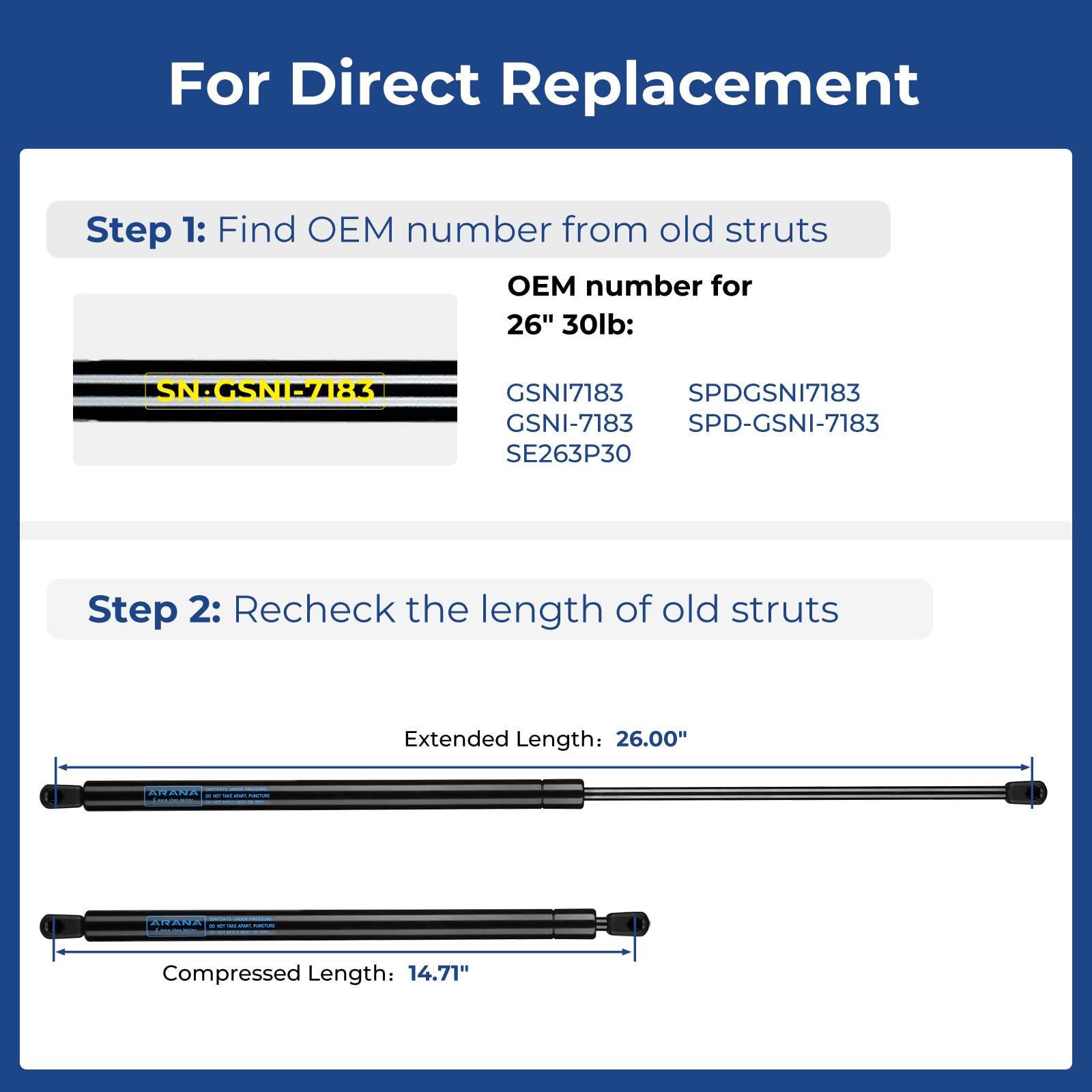 ARANA GSNI7183 26 inch 30LB Gas Spring Struts, SE263P30 26   133N Shocks Lift Support for Truck Tonneau Cover Boat Motor Hatch T