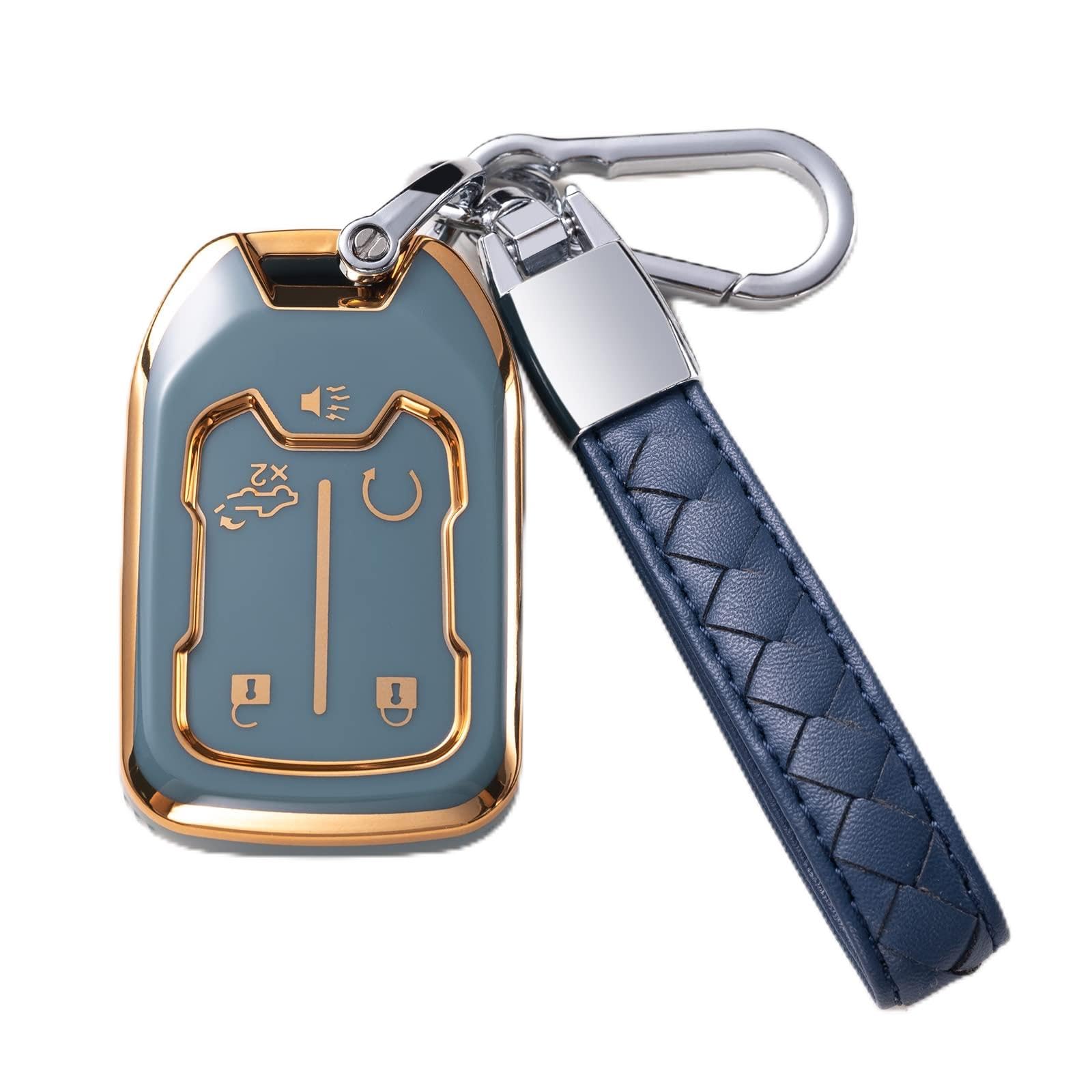 Chezenhui For Gmc Key Fob Cover With Leather Lanyard, Car Key Case Shell Protection For 2019-2022 Gmc Sierra 1500 2500Hd 3500Hd Terrain Acadia Smart Remote Control Protector, Blue
