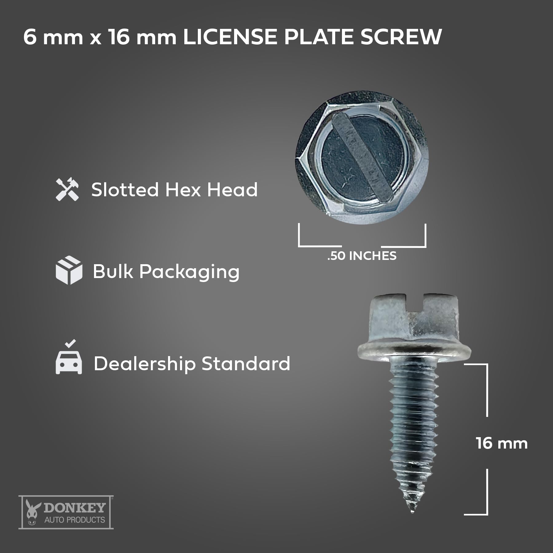 License Plate Screws - Slotted Hex Head - Metric - 6Mm X 16Mm - For Vehicles (100 Per Pack)
