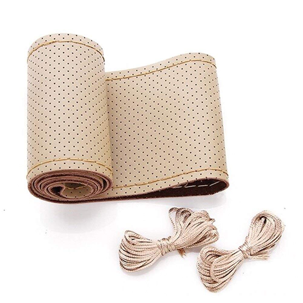Belinous Universal Leather Car Steering Wheel Cover, Stitch On Wrap (Size L5, Beige)