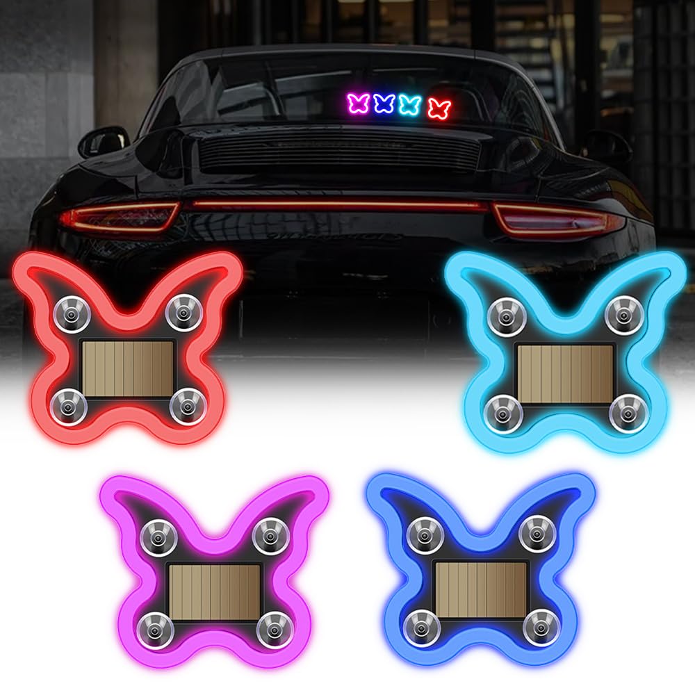 NHHEO Car LED Interior Light, 4Pcs 6 Modes Butterfly Ambient Light Solar-Powered&USB Charging LED Neon Light for Car Window Deco