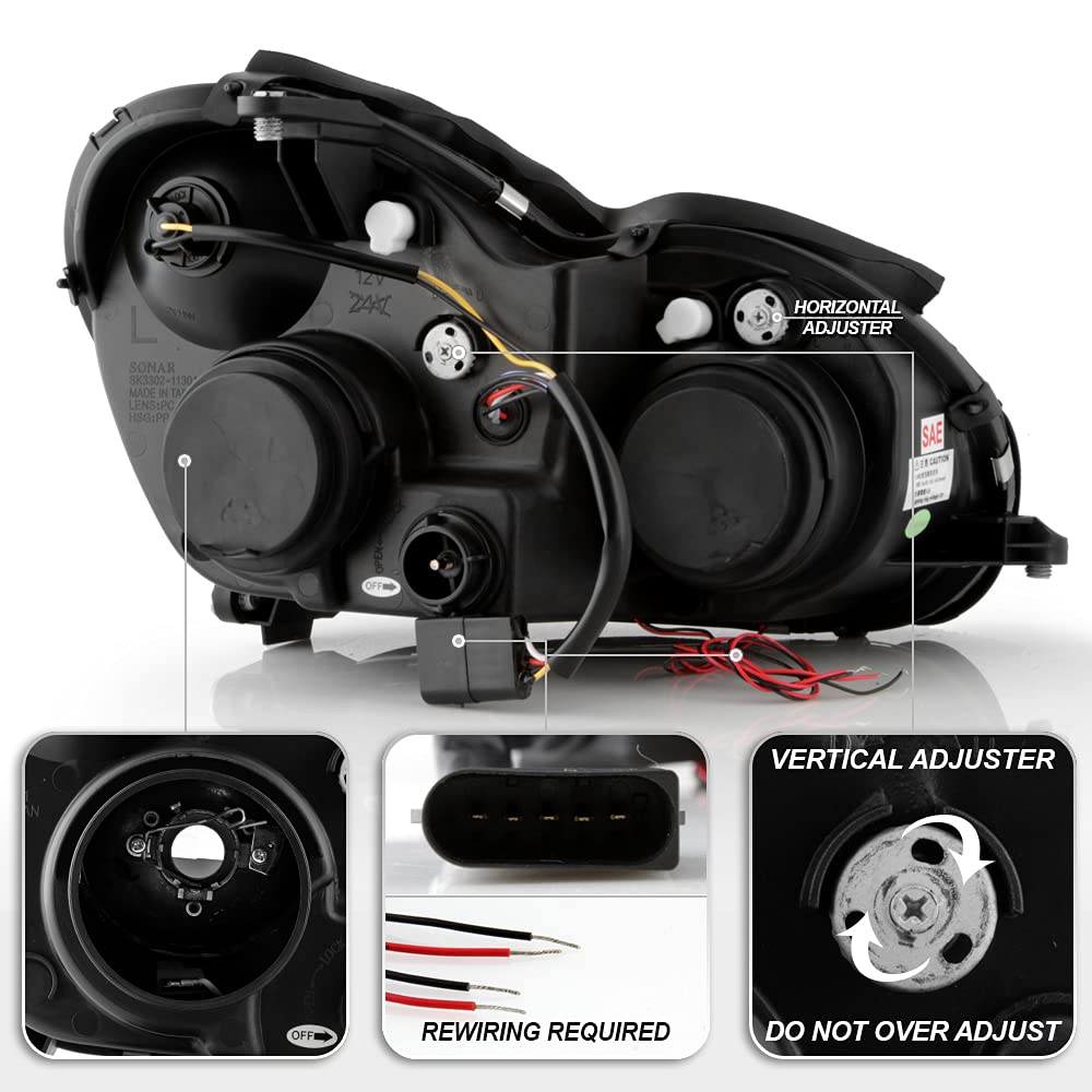 ACANII LED Halo Black Projector Headlights for 2001-2007 Mercedes-Benz W203 C230 C240 C320