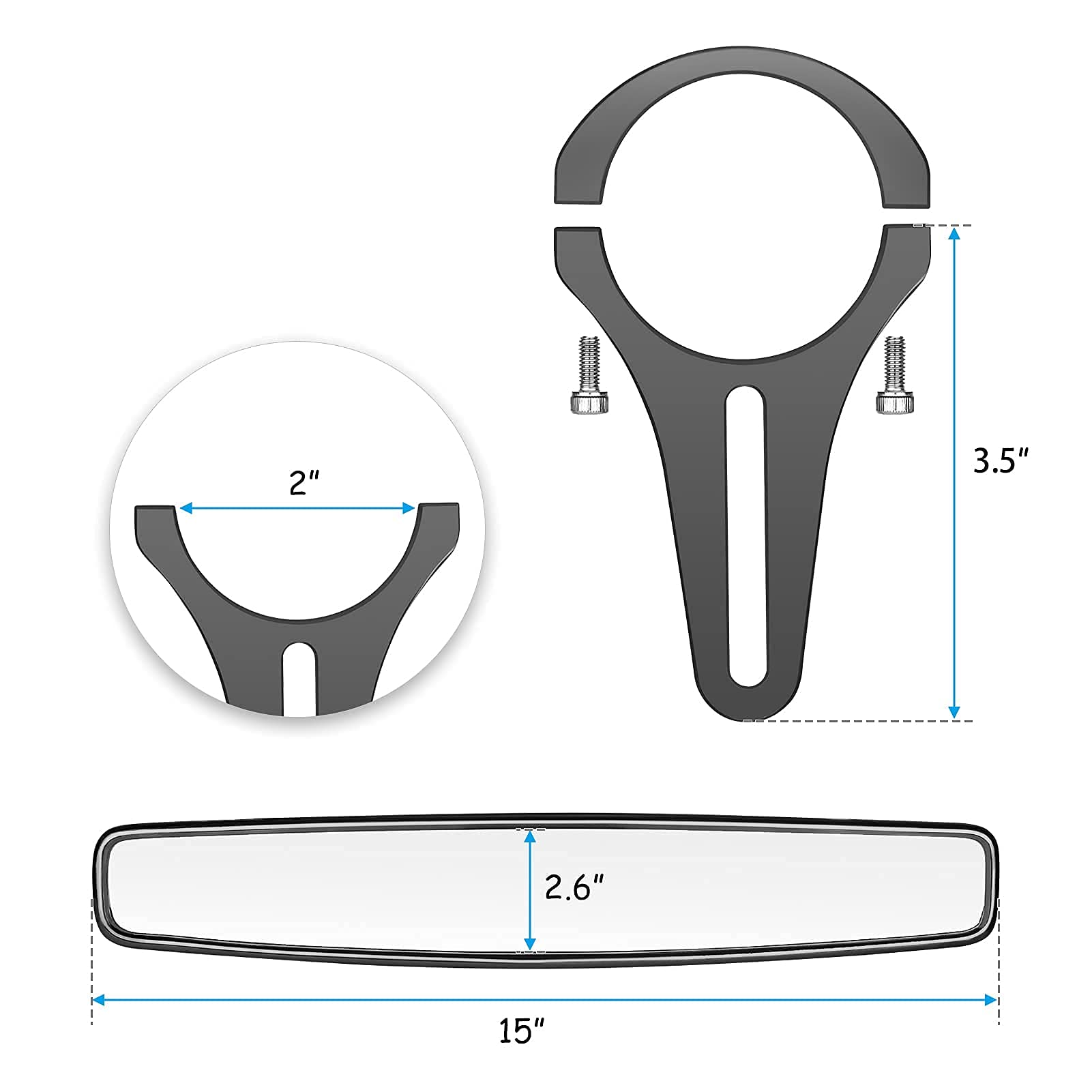 WSays 15'' Wide Center View Mirror for 2'' roll Bar & UTV Right & Left Side View Mirrors with 1.5''-2'' Adjustable Clamp & Grab