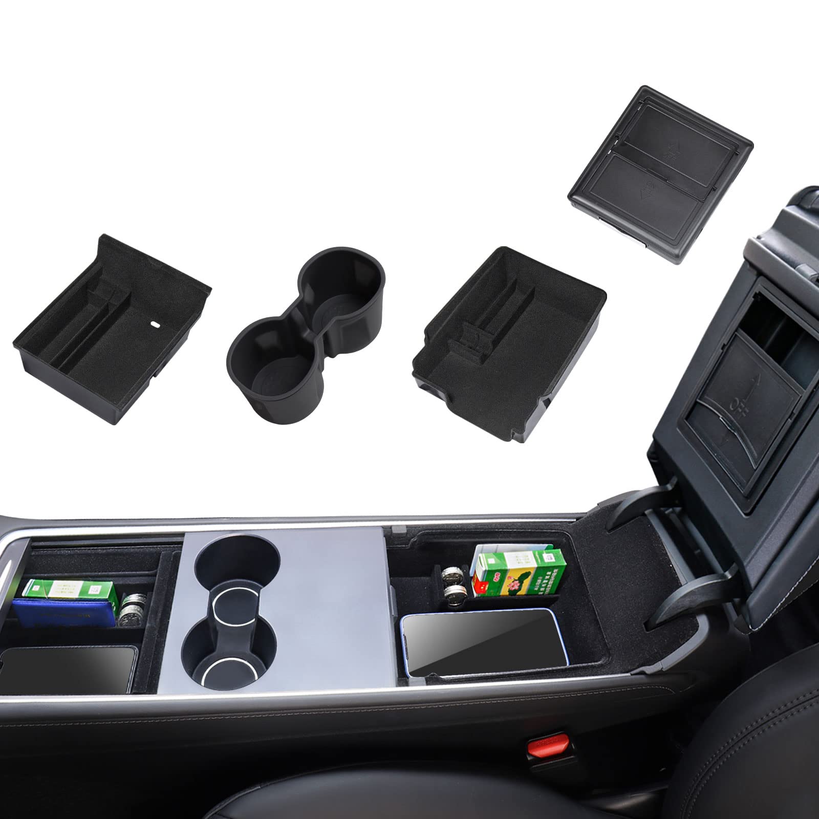 Neepiar 4Pcs Center Console Organizer Compatible With 2023 2022 2021 Tesla Model 3 2021-2024 Model Y Armrest Hidden Cubby Drawer