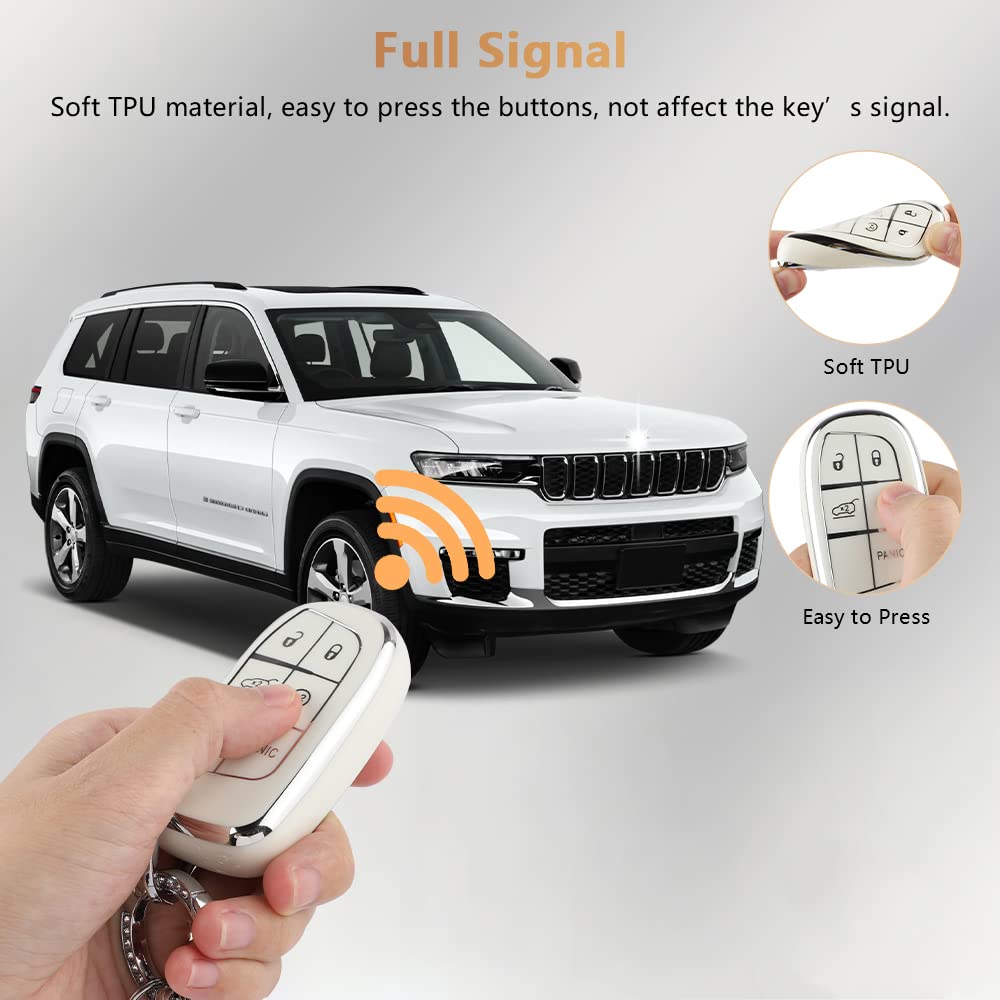 Pifoog White Key Fob Cover For Jeep Grand Cherokee Compass Renegade Accessories Tpu Soft Car Keys Case Shell Protector Bling Keychain 5 Buttons Girly Women Cute