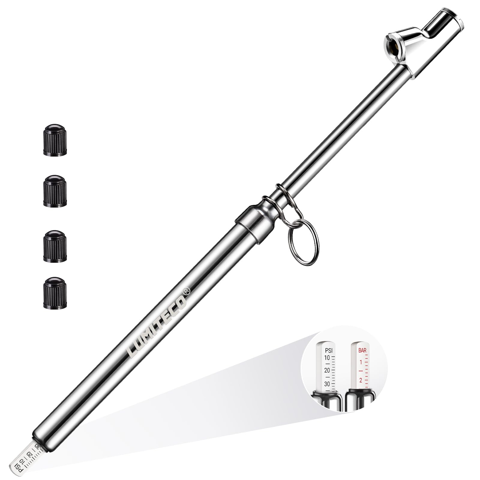 LUMITECO Dual Head Tire Pressure Gauge, Heavy Duty Extension Air Tire Gauge for Tire Pressure Range 10-150PSI 1-10BAR, Straight 