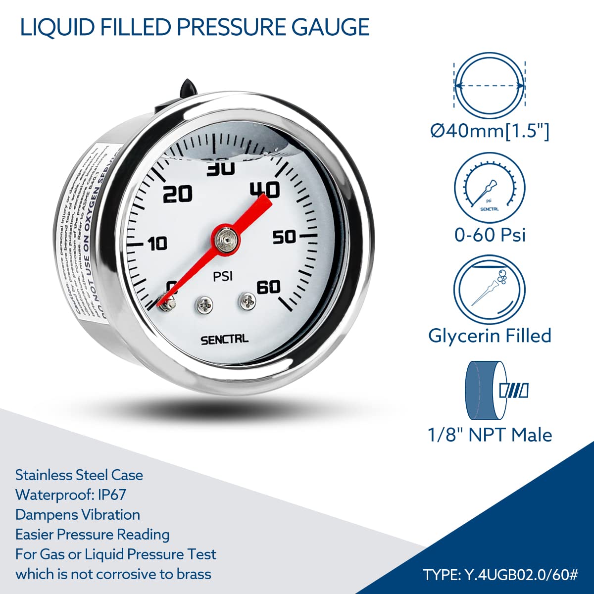 Senctrl 0-60 Psi Fuel Pressure Gauge, 1-1/2'' Dial Size, 1/8'' Npt Back Mount, Glycerin Liquid Filled, Stainless Steel Case, Inl