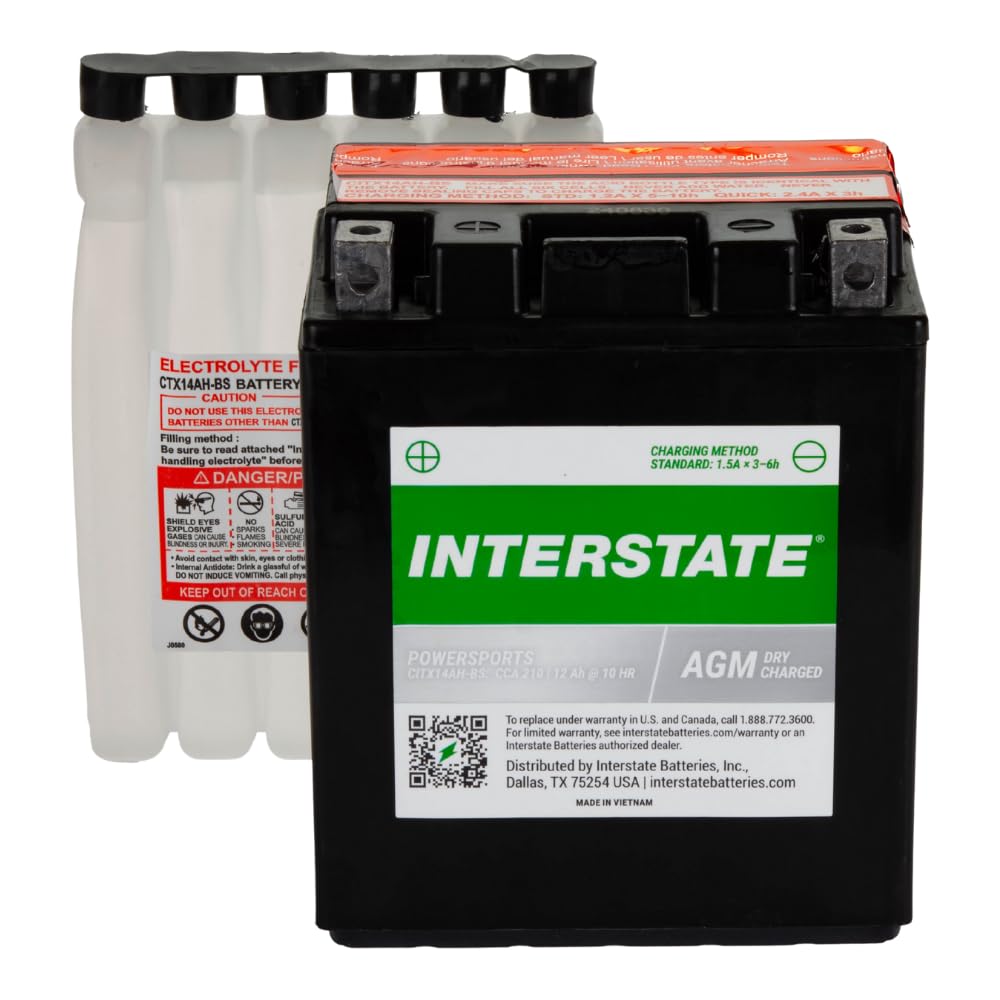 Interstate Batteries YTX14AH-BS 12V 12Ah AGM Powersports Battery for Kawasaki, Polaris, Yamaha ATVs, UTVs, Snowmobiles, Motorcycles