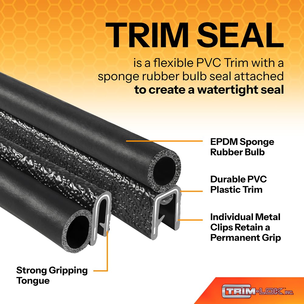 TRIM-LOK Edge Trim Seal with Top Bulb, 25ft Flexible PVC, Black, Model 4100B3X1/16C-25