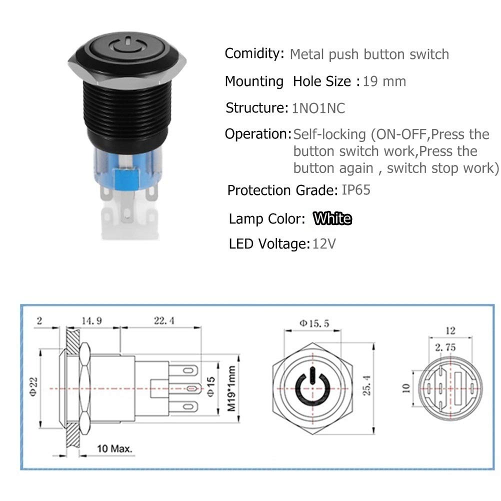 Quentacy 19Mm 3/4 Latching Push Button Switch 12V 48V Dc Led Power Symbol On-Off Waterproof Toggle Switch Stainless Steel Shell With Wire Connector Plug(Blue Light)