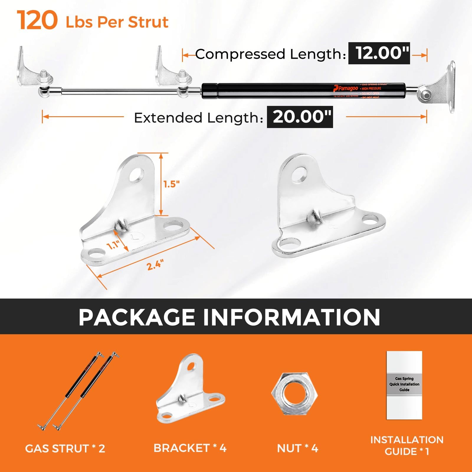 Pamagoo 20 Inch 120 Lbs Gas Strut Shocks, 534 N Per Prop With L-Type Mounts For Heavy Duty Lid Under Bed Storage Cover Outshed W