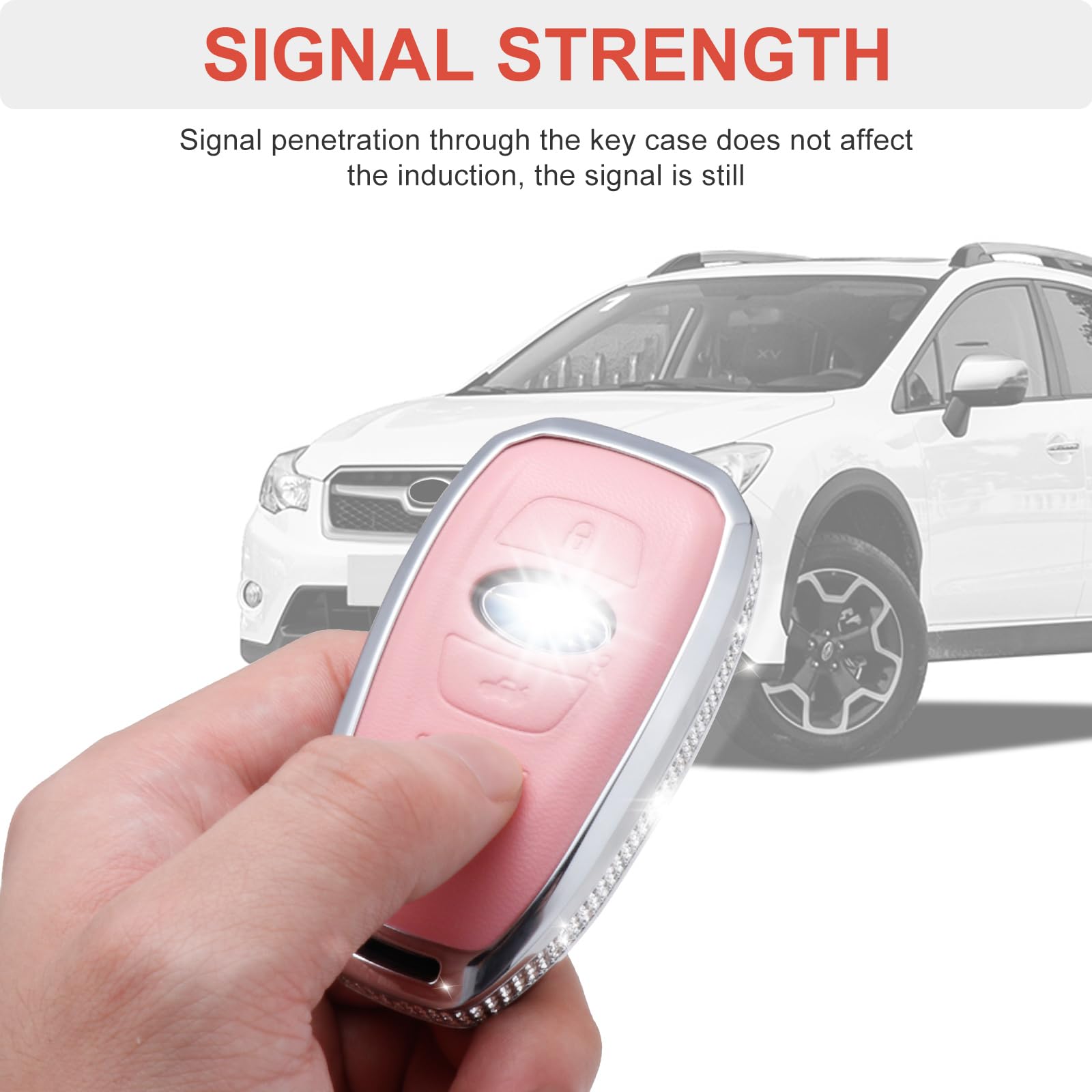 RUABIBAN Key Fob Cover for Subaru - Pink Leather Case with Keychain, Fits Ascent, BRZ, Crosstrek, Forester, Impreza, Legacy, Outback, WR