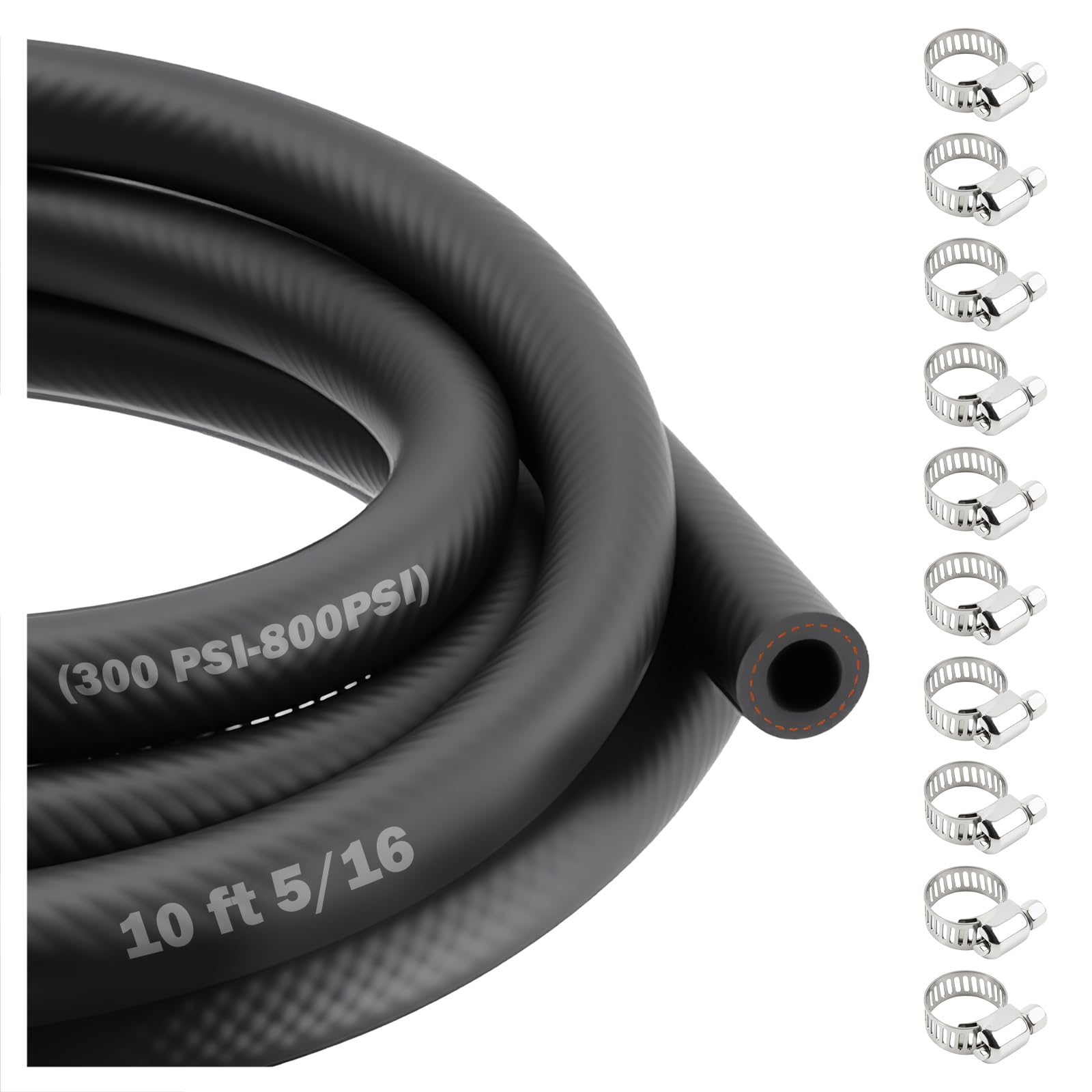 5/16 Fuel Line Hose with 10 Steel Hose Clamps,High Pressure 300 PSI Fuel Hoses for Fuels System Installation & Repair,Durable Fu