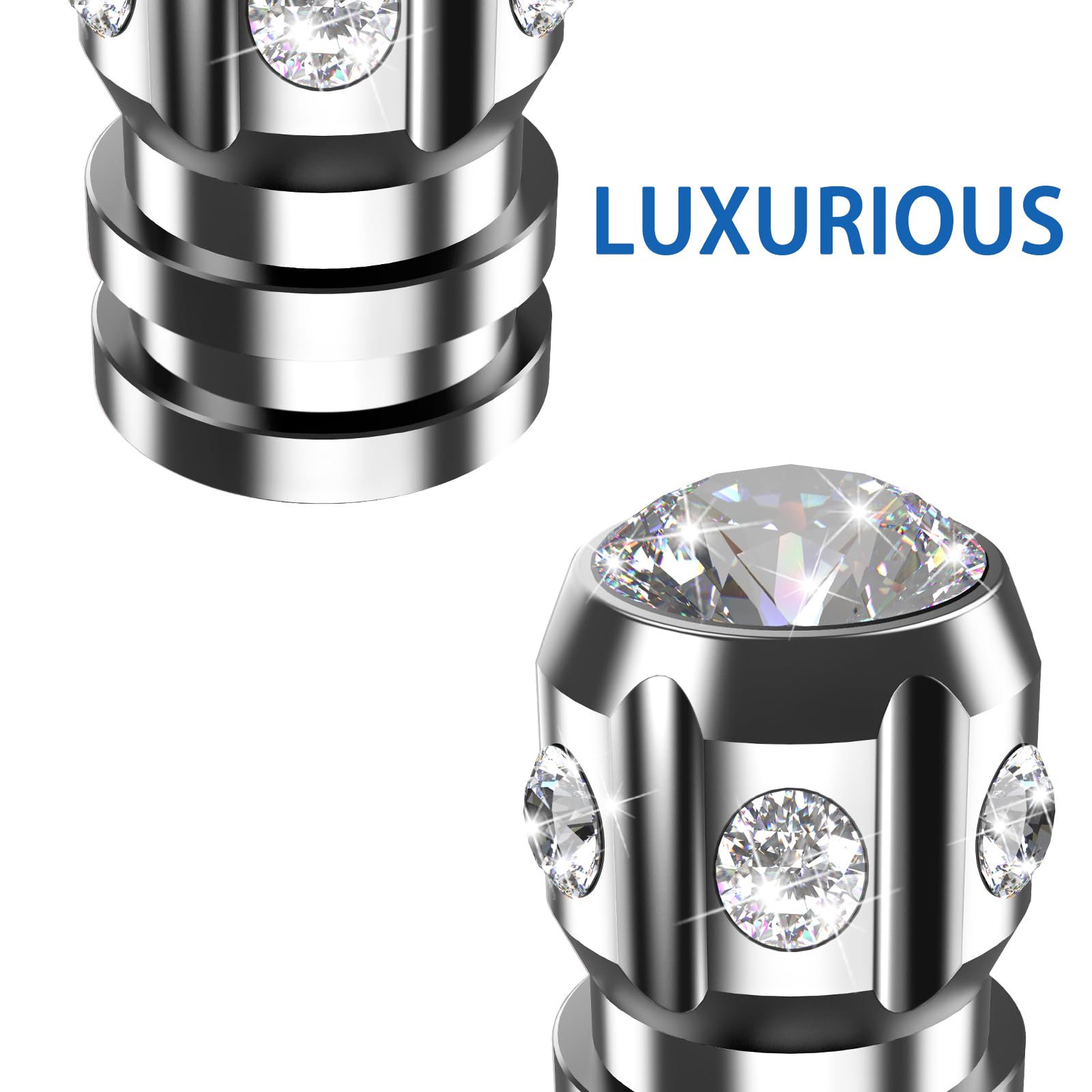 QUARKACE Tire Valve Caps - Sparkly Rhinestone, Anti-Fading, Corrosion Resistant, Silver - 4 Pack for Cars, SUVs, Trucks, Bikes