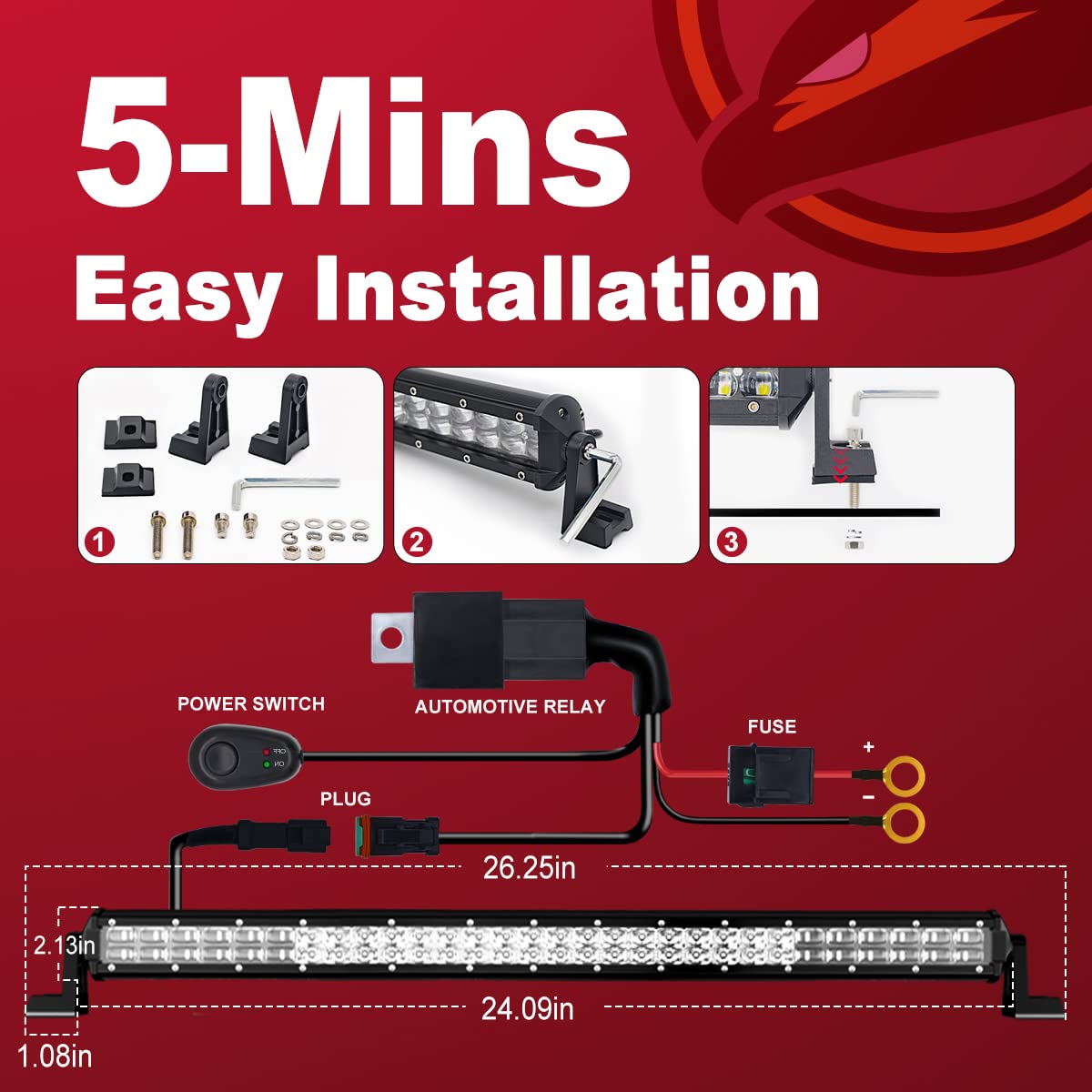 Firehawk 24 Inch LED Light Bar - 60,000LM, Aluminum, IP68 Waterproof, Spot Flood Combo Beam, Model TE-CT5-24, White