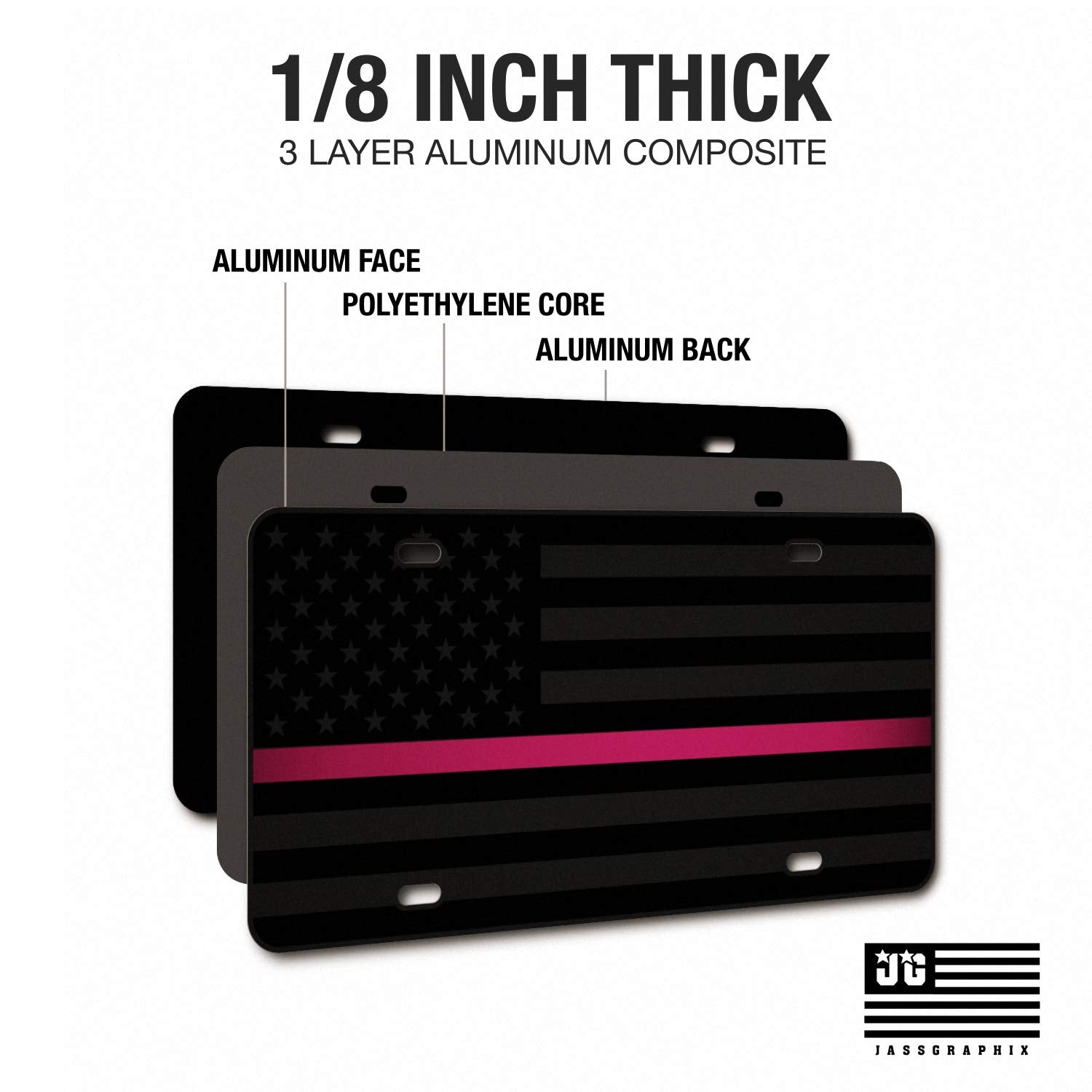 Jass Graphix Thin Pink Line Almost Invisible American Flag License Plate Breast Cancer Awareness Matte Black On 1/8'' Black Alum