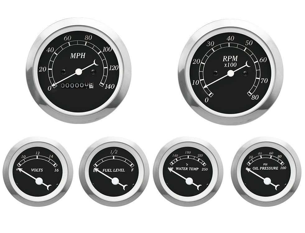 MOTOR METER RACING Classic 6 Gauge Set with Mechanical Speedometer Analog Odometer Black Dial Light Bulb Illumination 85mm 3-3/8