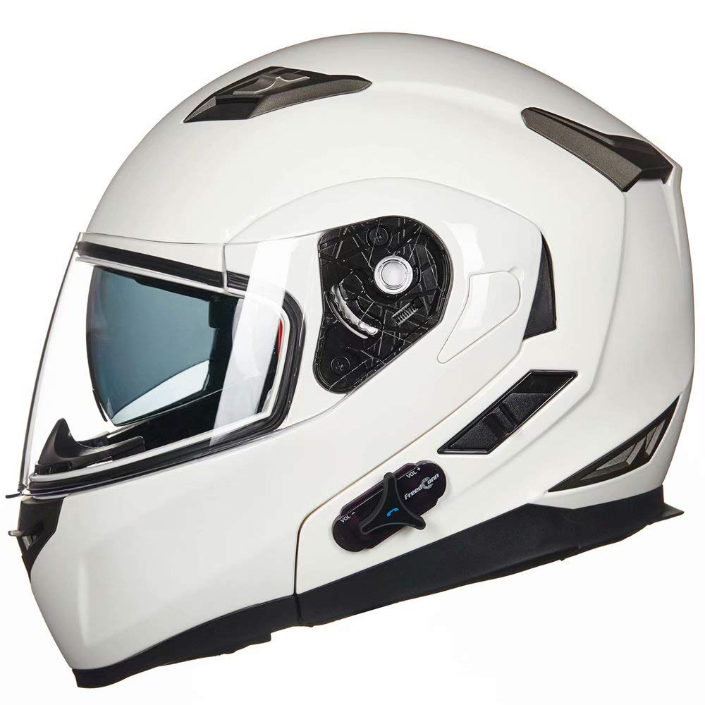 Ilm Bluetooth Integrated Modular Flip Up Full Face Motorcycle Helmet Sun Shield Mp3 Intercom Model 953 (M, White)