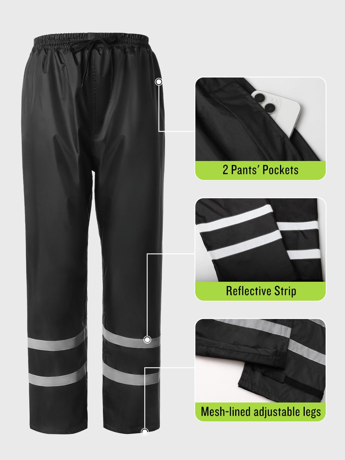 Men&Women Rain Suit High Visibility Reflective Work Rain Jacket Pants For All Sport Farm Fishing Motorcycle, Hi-Vis Black, Small