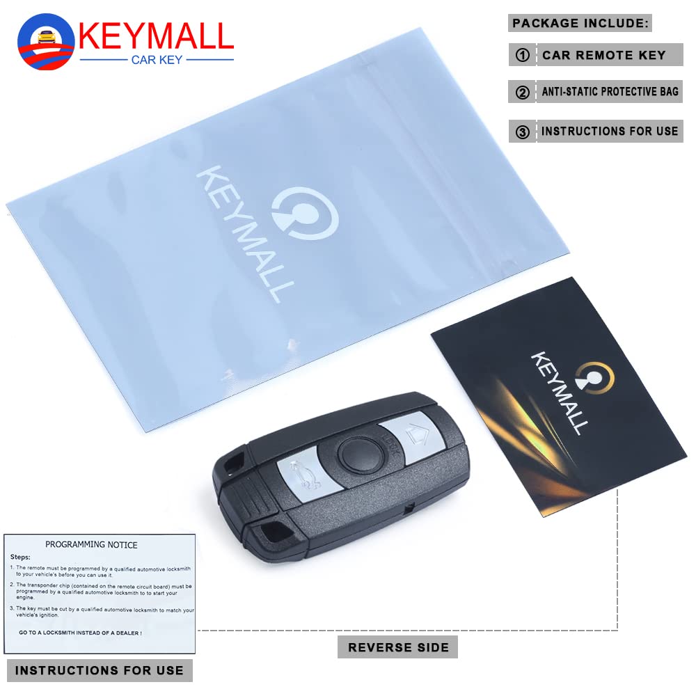 Keymall Keyless Entry Remote Car Key Fob 3 Button Replacement Pcf7952 Chip For Bmw Cas3 3/5 Series X5 X6 With Comfort Access 315Mhz Kr55Wk49127