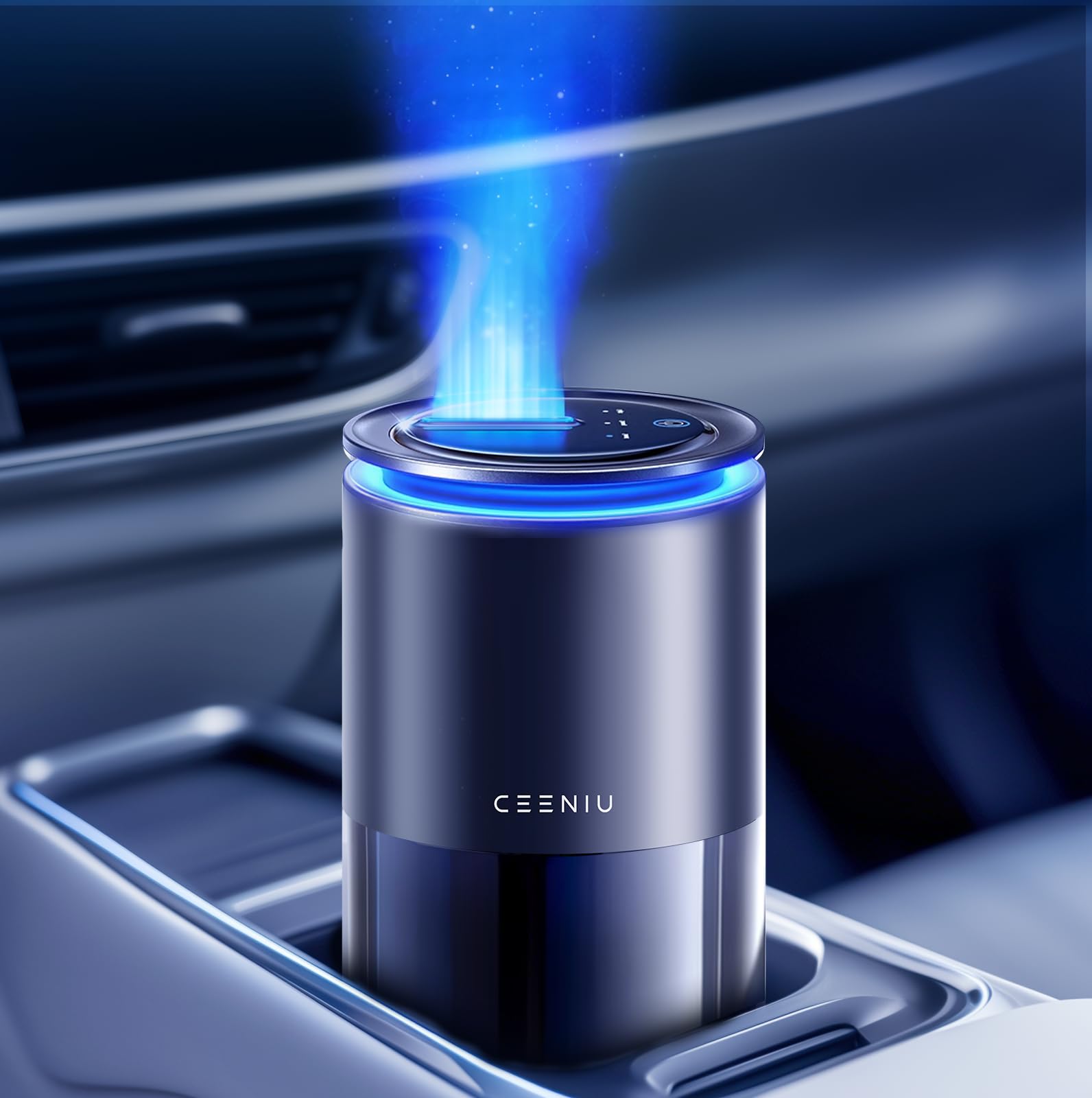 Ceeniu Car Air Freshener CF12 Pro, Smart Ultrasonic Diffuser, Enlarged Spray Nozzle, Auto On/Off, 3 Modes, Ambient Light, 700mAh