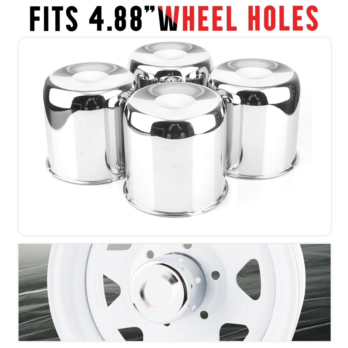 Rtrhinotuning 4Pcs 4.88Inch Push Through Center Caps Chrome Fit For 4.88'' Trailer/Truck Suv Rv Wheel Rims Center Bore,4.8'' Tal