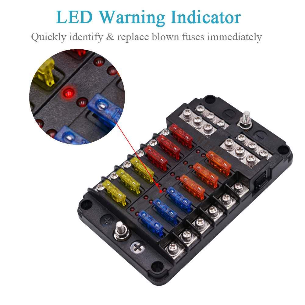 Wupp Boat Fuse Block, Marine Fuse Panel With Led Warning Indicator Damp-Proof Cover - 12 Circuits With Negative Bus Fuse Box Hol