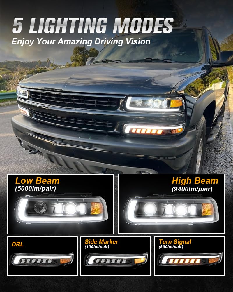 RAMJET4X4 LED Headlights Assembly for 1999-2002 Chevy Silverado, 2000-2006 Suburban/Tahoe, Hi/Low Beam, Black, Model RA-CS