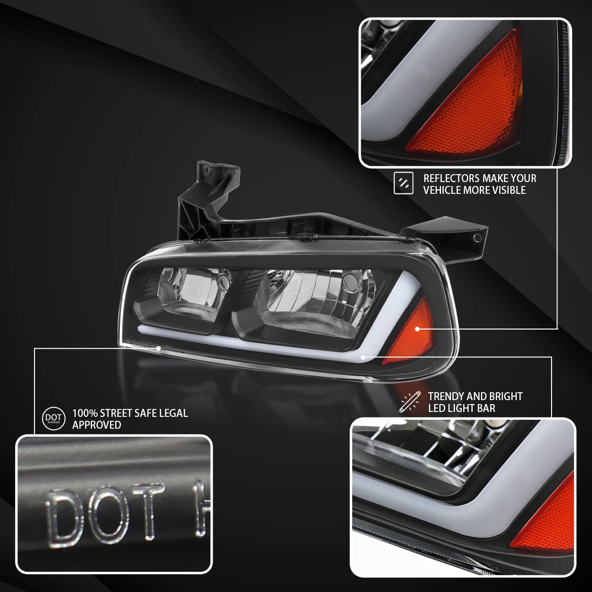 Autozensation Headlamp Assembly for 2006-2010 Dodge Charger, Black Housing, Clear Lens, Left + Right Pair with LED Strip and Turn Signal Light
