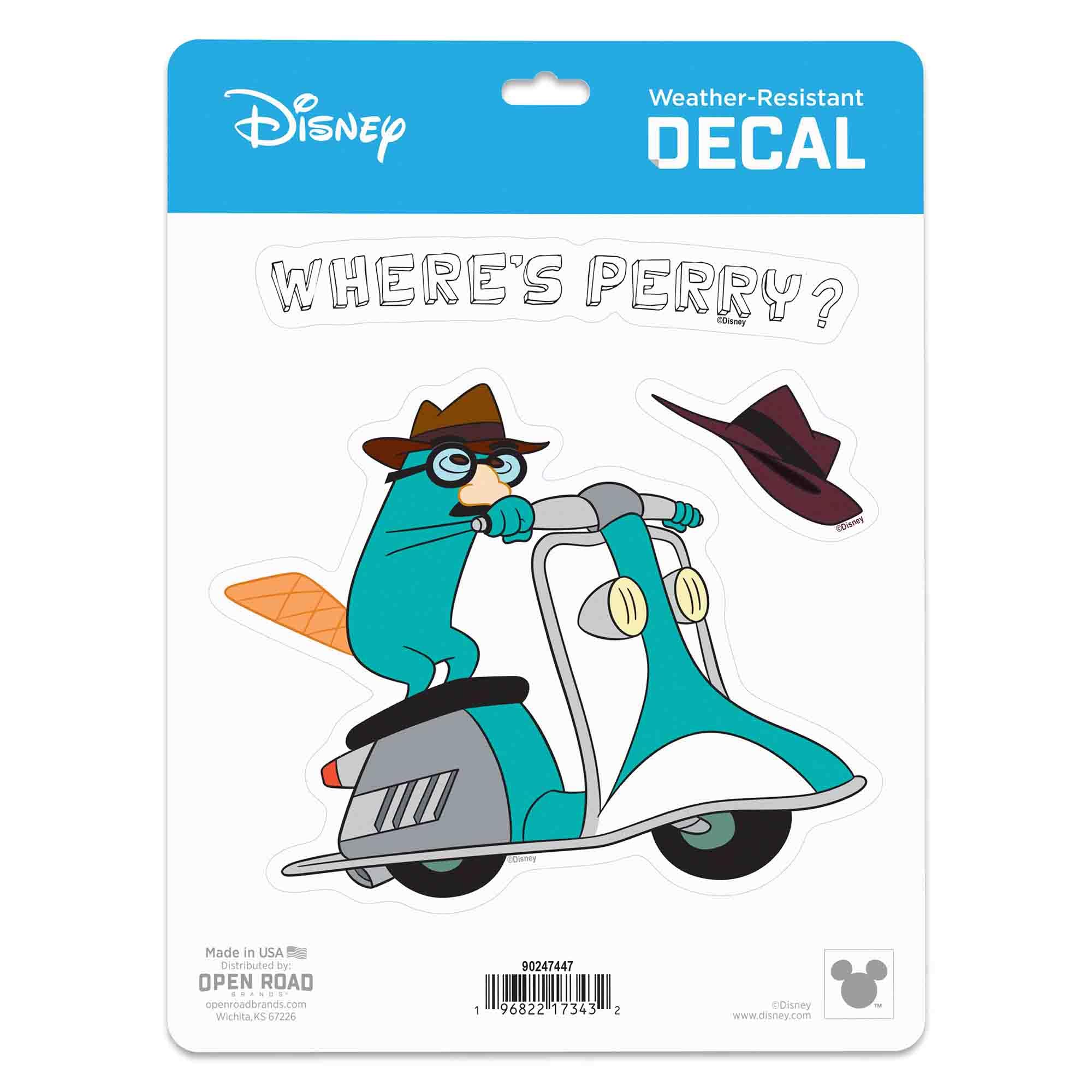 Disney Phineas and Ferb Wheres Perry Scooter Adhesive Vinyl Decal - Fun Perry the Platypus Sticker for Car or Truck, 1 Pack (3 