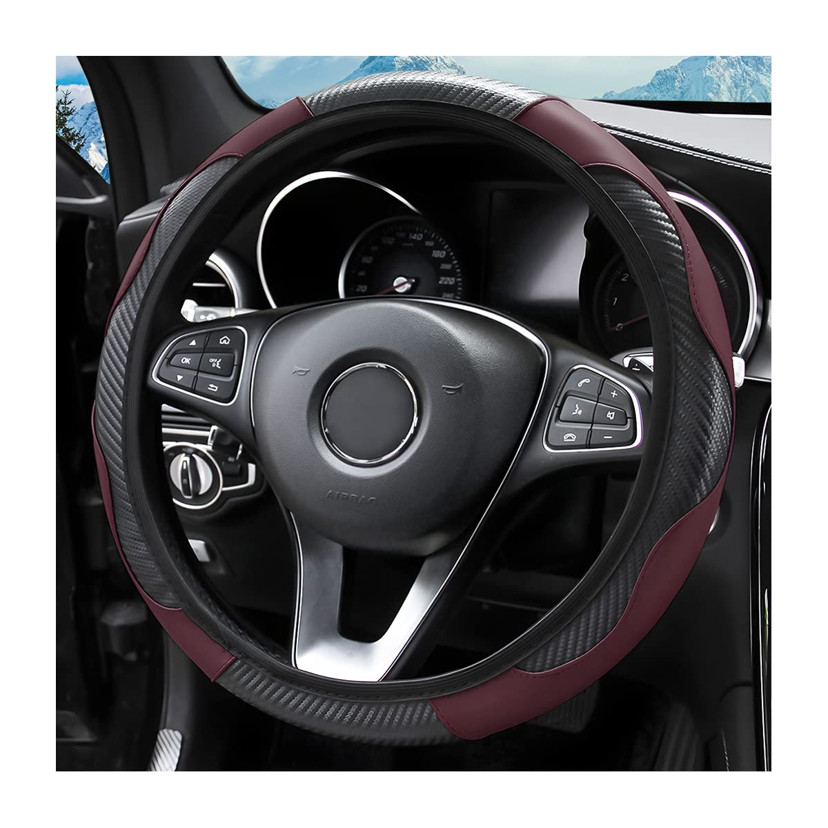 15 Inch Car Steering Wheel Cover, Carbon Fiber Microfiber Leather Elastic Stretch, Anti-Slip Breathable Steering Wheel Protector For Women Men, Car Accessories For Suv, Truck, Van (Black/Wine Red)