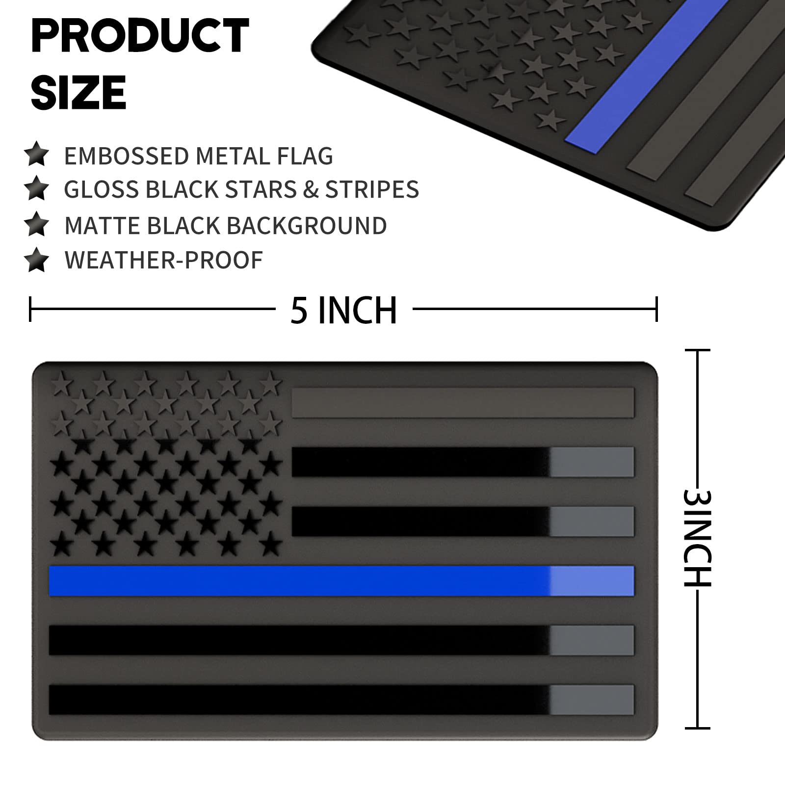 Embossed 3D Metal Thin Blue Line All Black American Flag Emblem Decal Stickers (1 Pair), Matte Black 5' X 3' Patriotic Usa Us Flag Decals For Car, Truck, Motorcycle Honoring Police Law Enforcement