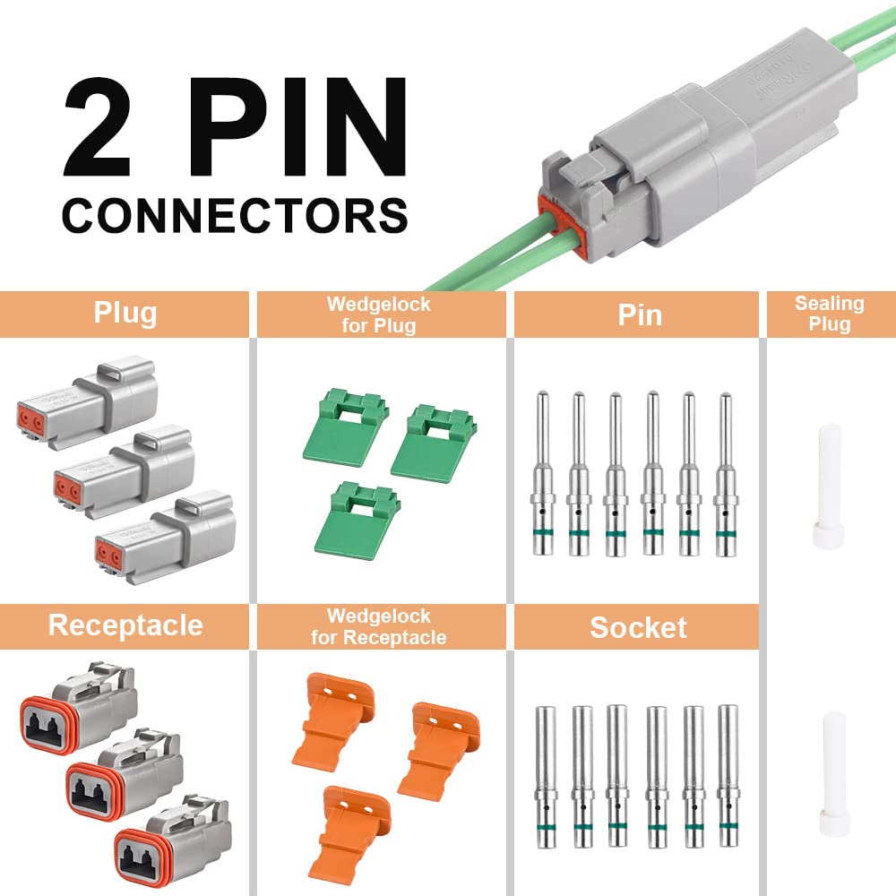 Jrready St6112 Dt Connector 2 Pin Gray Waterproof Electrical Wire Connector Dt04-2P Dt06-2S With Deutsch Solid Contacts 14-20 Awg And Sealing Plugs,3 Sets