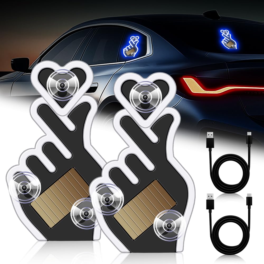 KaiDengZhe Finger Heart Car Window Light, Solar-Powered Wireless LED Heart Shape Neon Light Switchable Modes Solar Heart LED Amb