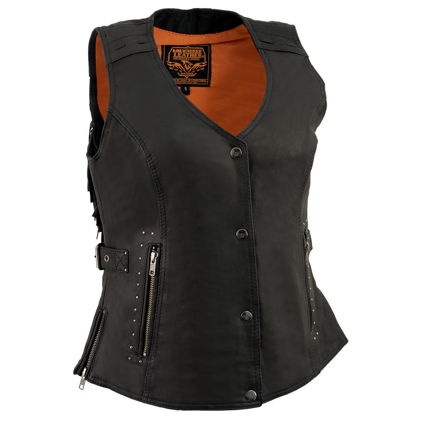 Milwaukee Leather MLL4565 Women's Black Fringed Leather Rivet Detail Side Buckle and Zipper Motorcycle Rider Vest - 2X-Large