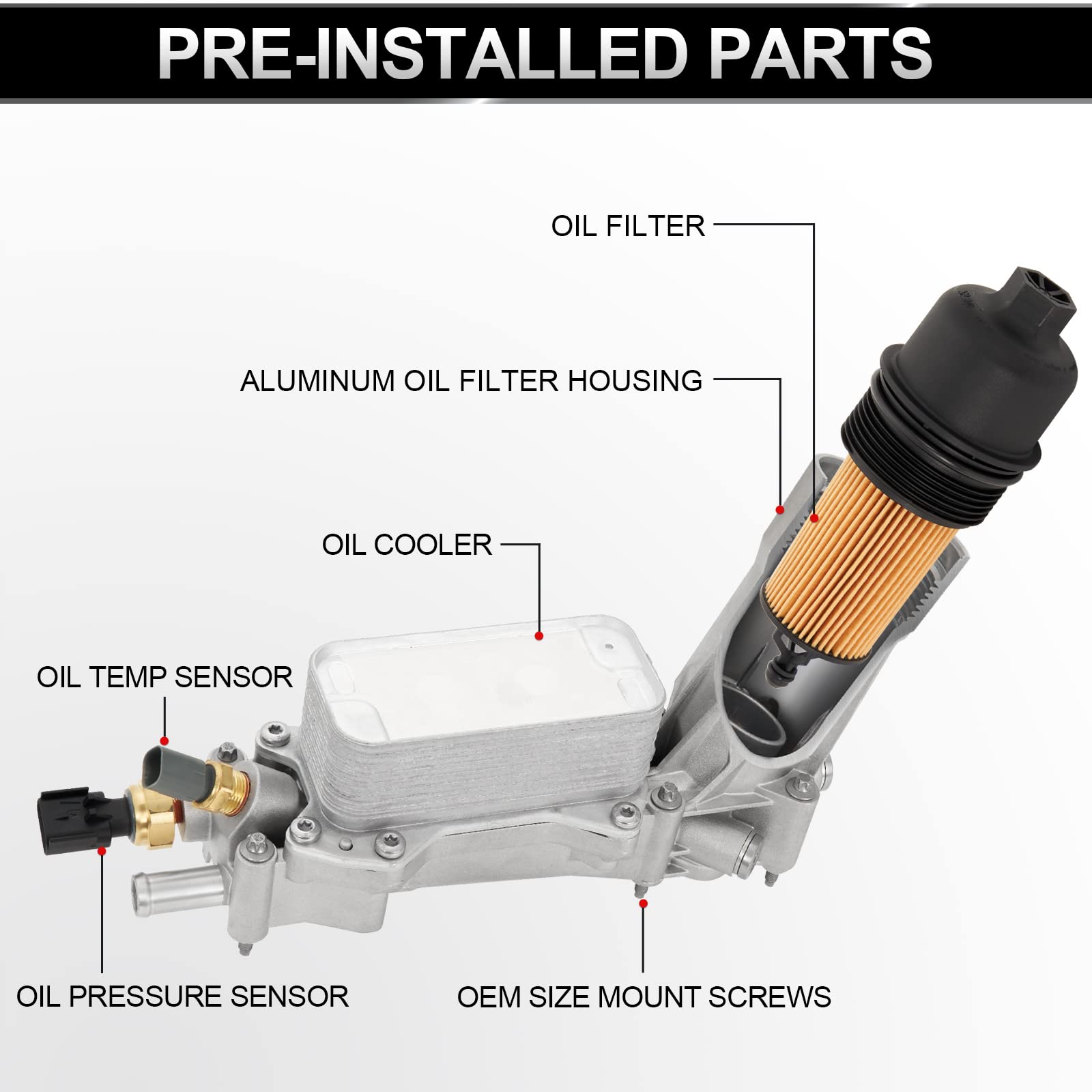 TEMSONE Aluminum Engine Oil Filter Housing Kit with Gaskets & Sensors for 2011-2016 Chrysler Dodge Jeep Ram - Black Plastic Cap