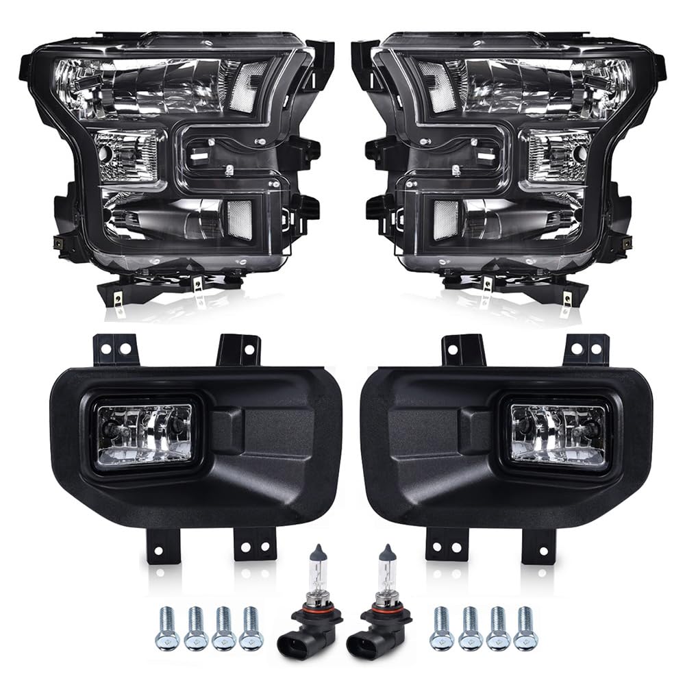 GRAND ORANGE Headlights + Clear Fog Lights Assembly Compatible with Ford F150 2015 2016 2017 4PCS Clear Lens Black Housing Clear