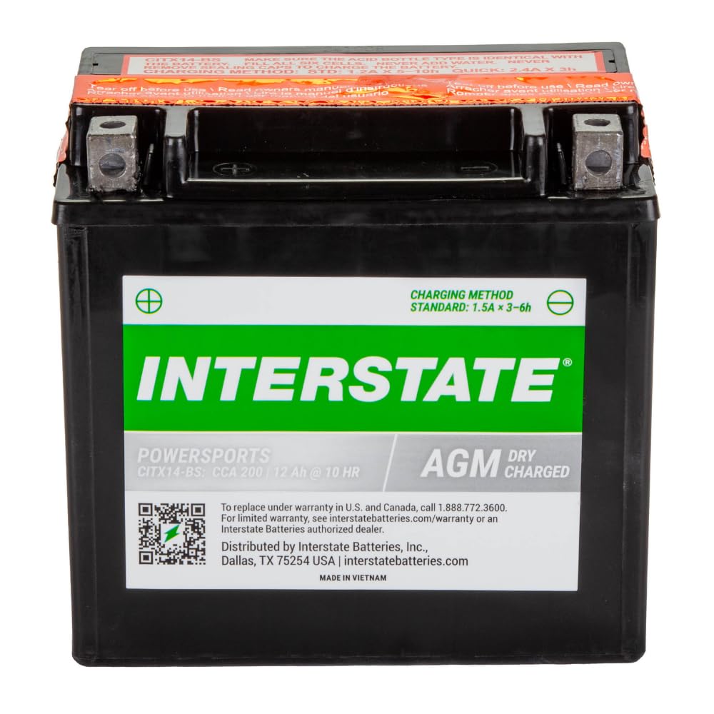 Interstate Batteries YTX14-BS 12V 12Ah AGM Powersports Battery for Motorcycles, ATVs, UTVs, Scooters, Snowmobiles - 200CCA Rechargeable