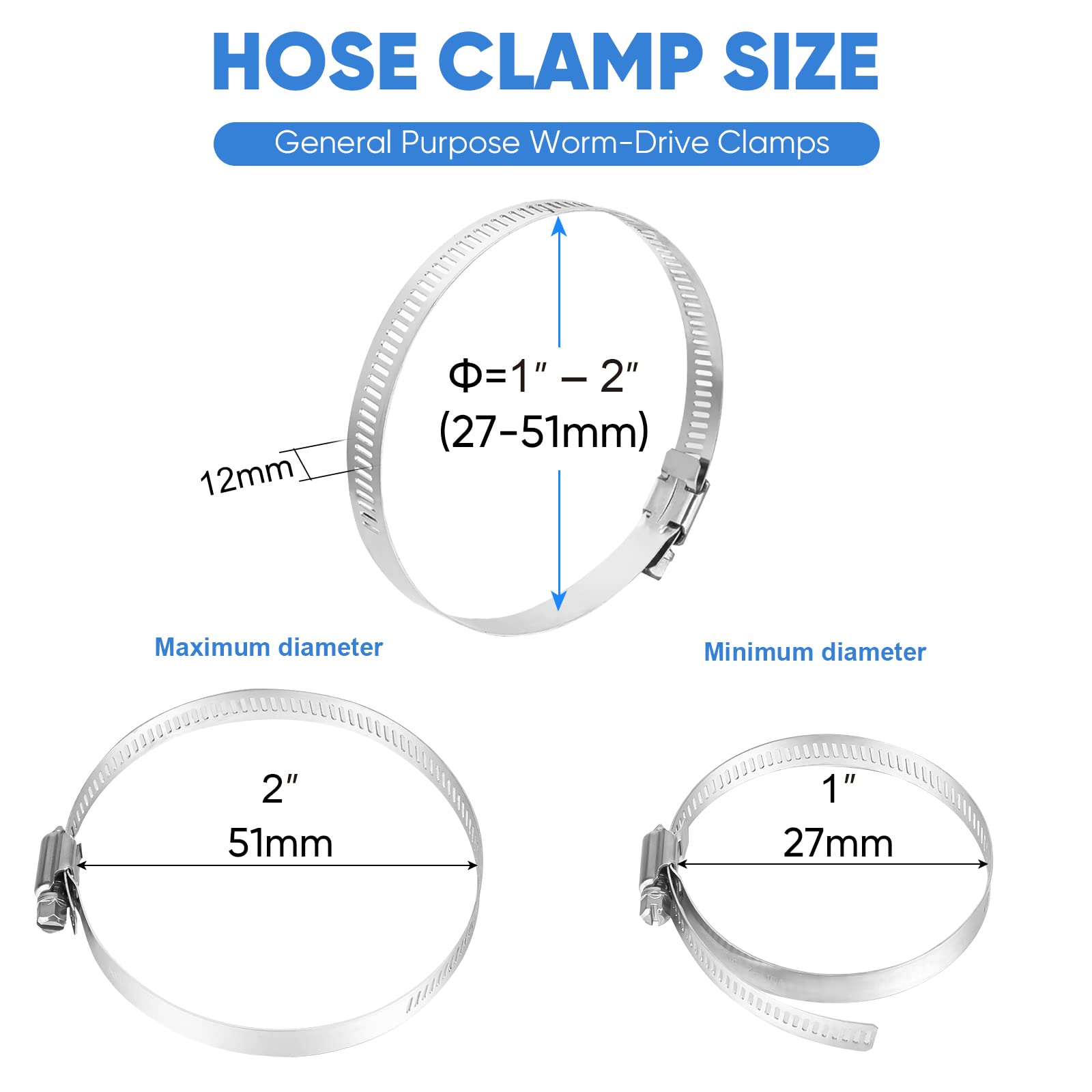 Ticonn 12Pcs Hose Clamp Set - 1''-2'' 304 Stainless Steel Worm Gear Hose Clamps For Pipe, Intercooler, Plumbing, Tube And Fuel L