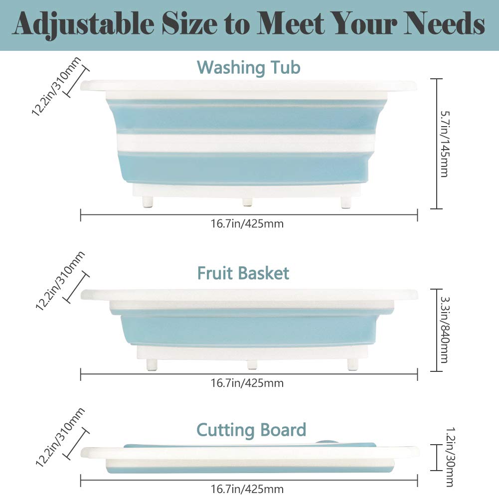 ROTTOGOON Collapsible Cutting Board - Foldable Chopping Board with Colander, Light Blue Silicone Dish Tub for BBQ, Picnic, Camping