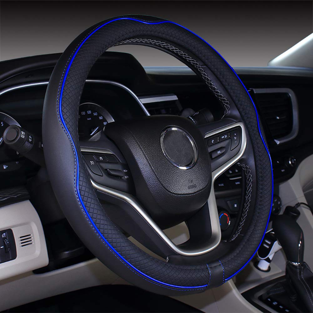 Mayco Bell Universal Standard Size Steering Wheel Cover Anti-Slip,Safety,Soft,Breathable,Durable,Full Surround,Comfortable Grip Microfiber Leather (14.5-15 Inch,Black Dark Blue)