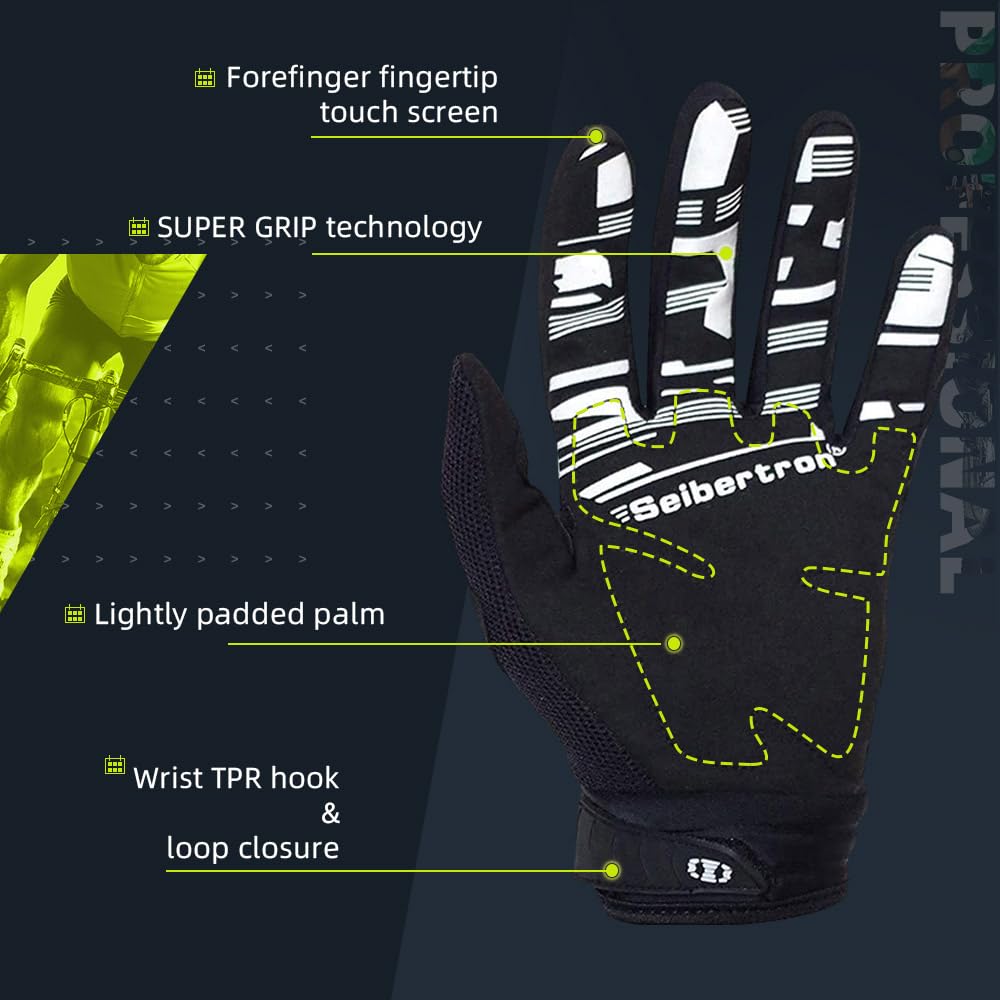 Seibertron Dirtpaw Full Finger Gloves - Black, L Adult - Spandex, Touch Recognition, BMX MX ATV MTB Motocross Sports