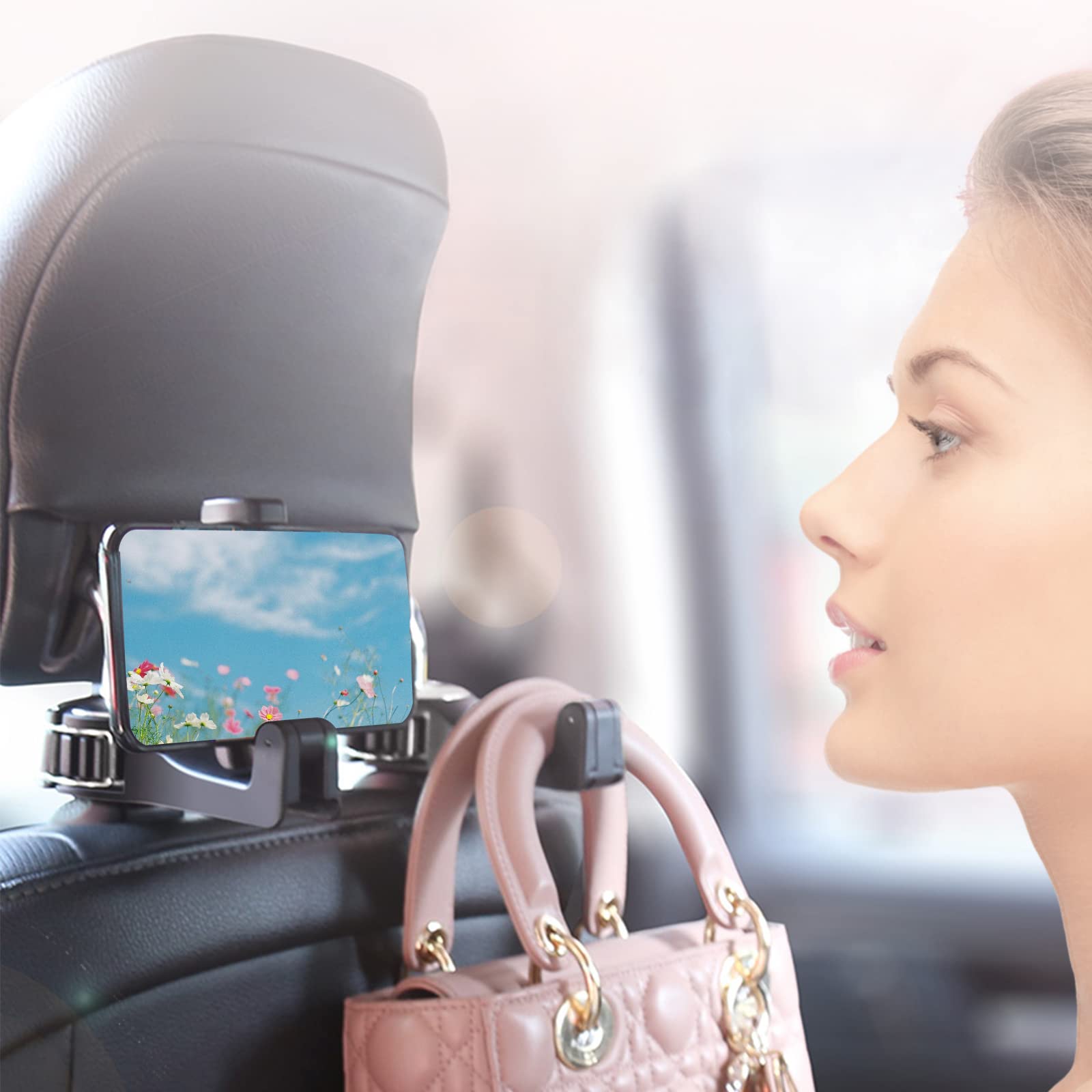 Scovvord Car Headrest Hidden Hook With Phone Holder, Car Seat Hooks For Purses And Bags, Universal 360
