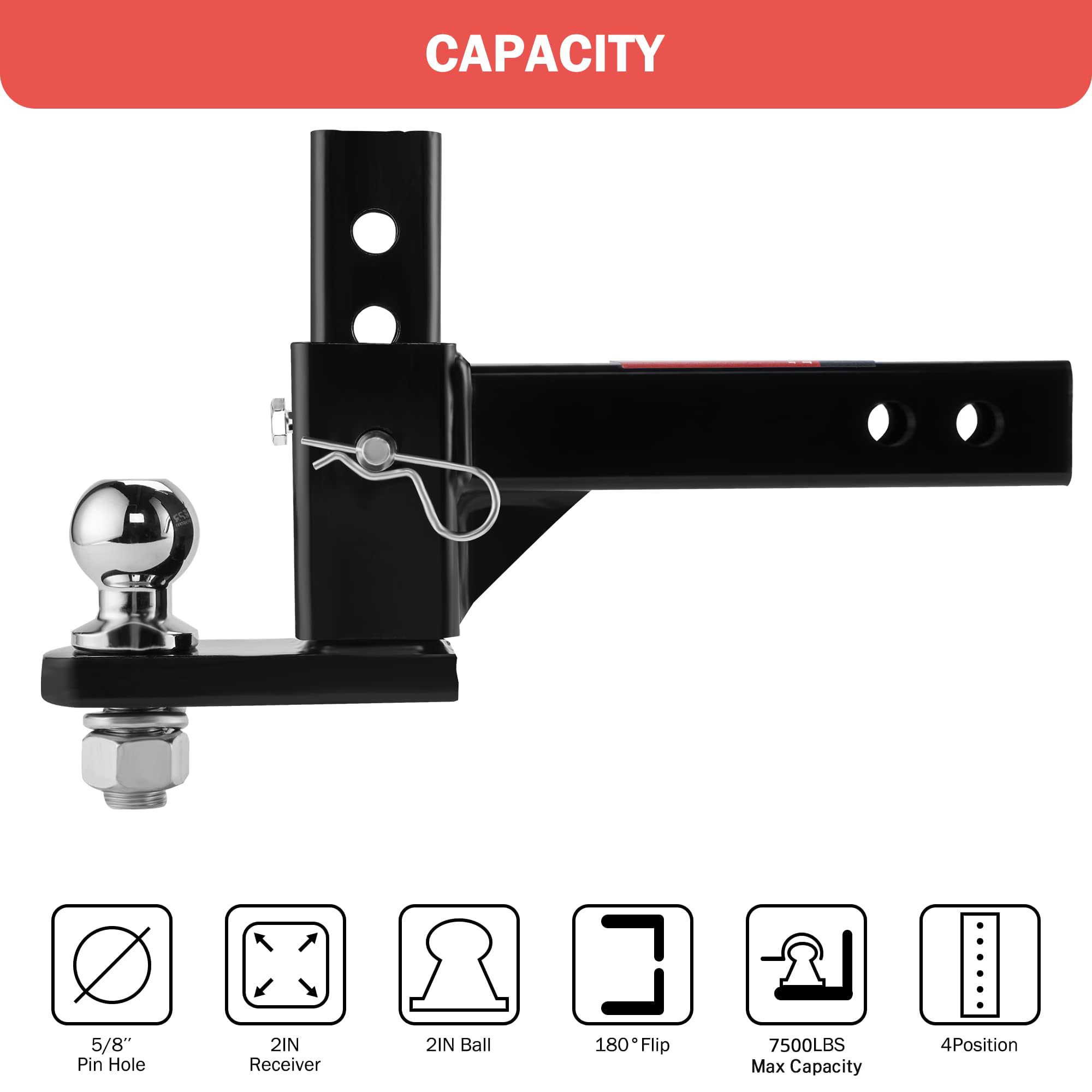 OPENROAD Adjustable Trailer Hitch Ball Mount for 2-Inch Receiver, 7500LBS, Aluminum, 7.5" Drop/6.25" Rise, Heavy Duty Truck Accessory