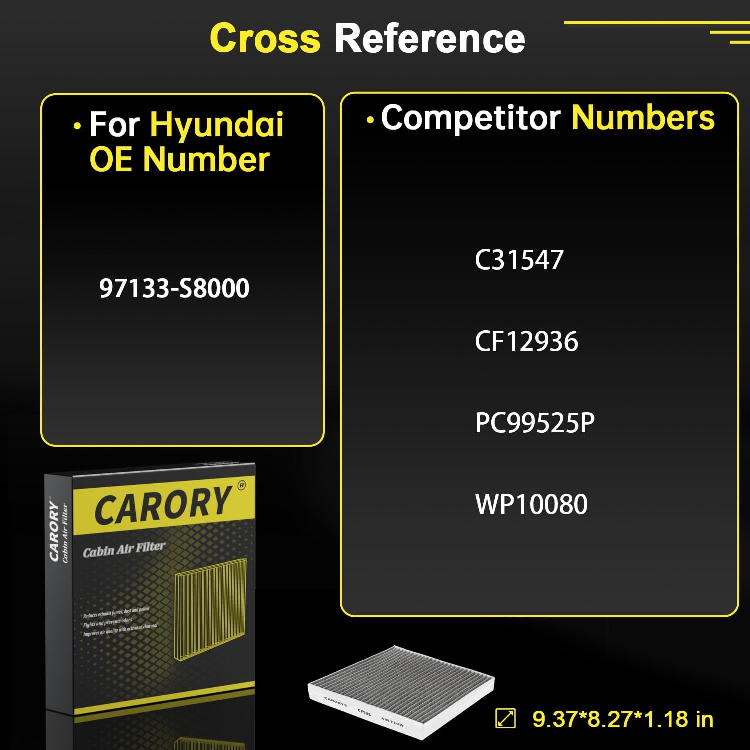 CARORY Cabin Air Filter w/Activated Carbon for Hyundai Palisade 2020 2021 2022 2023 2024 2025, CF12936, 97133-S8000