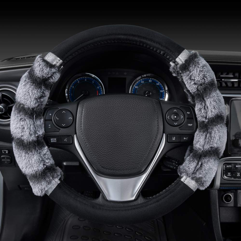 Bdk Bear Fur Plush Steering Wheel Cover - Cute Faux Wool Protector For Women Girls Fits Wheels 14.5-15 Inch Two Tone Black/Gray