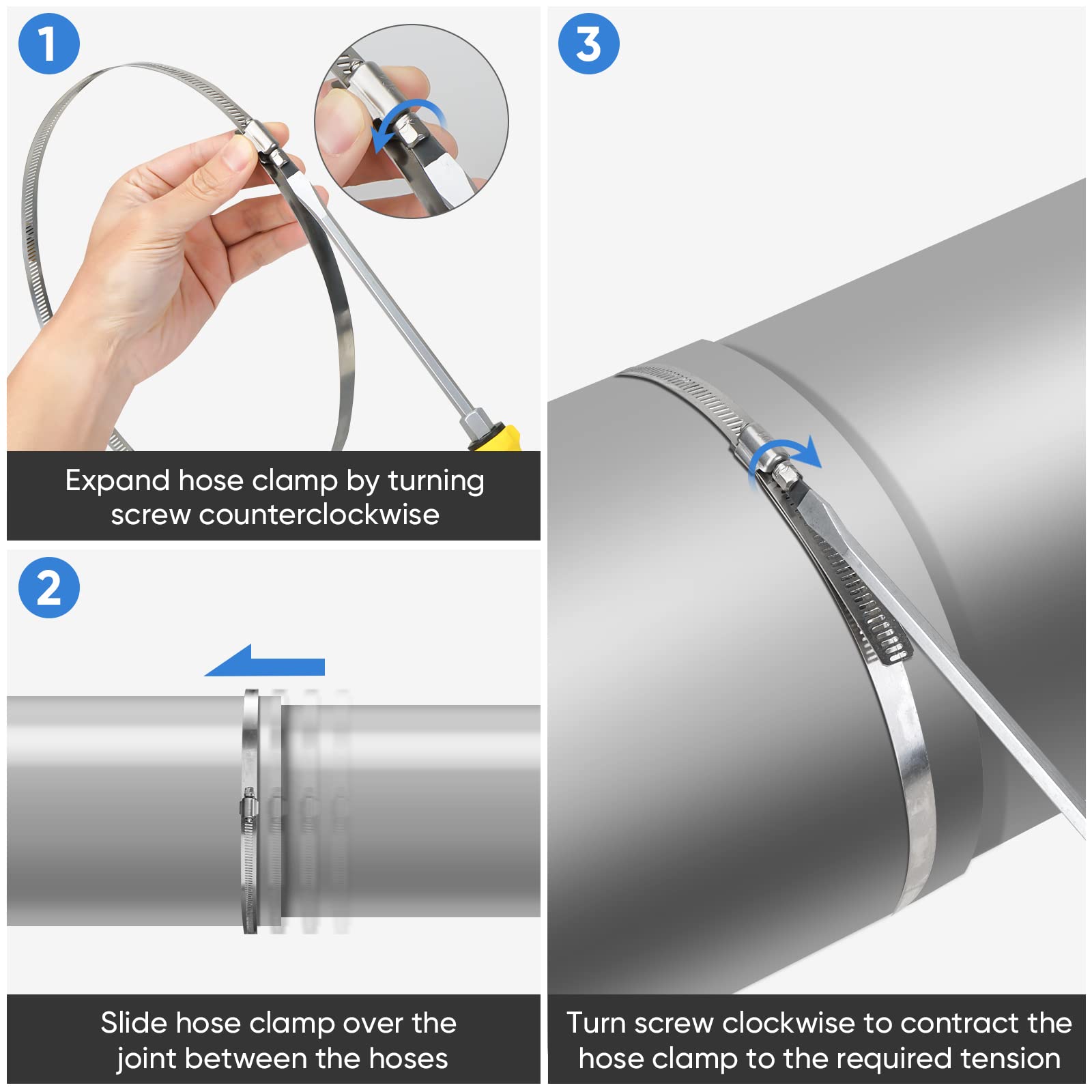 Ticonn 6Pcs Hose Clamp Set - 8'' 304 Stainless Steel Worm Gear Hose Clamps For Pipe, Intercooler, Plumbing, Tube And Fuel Line